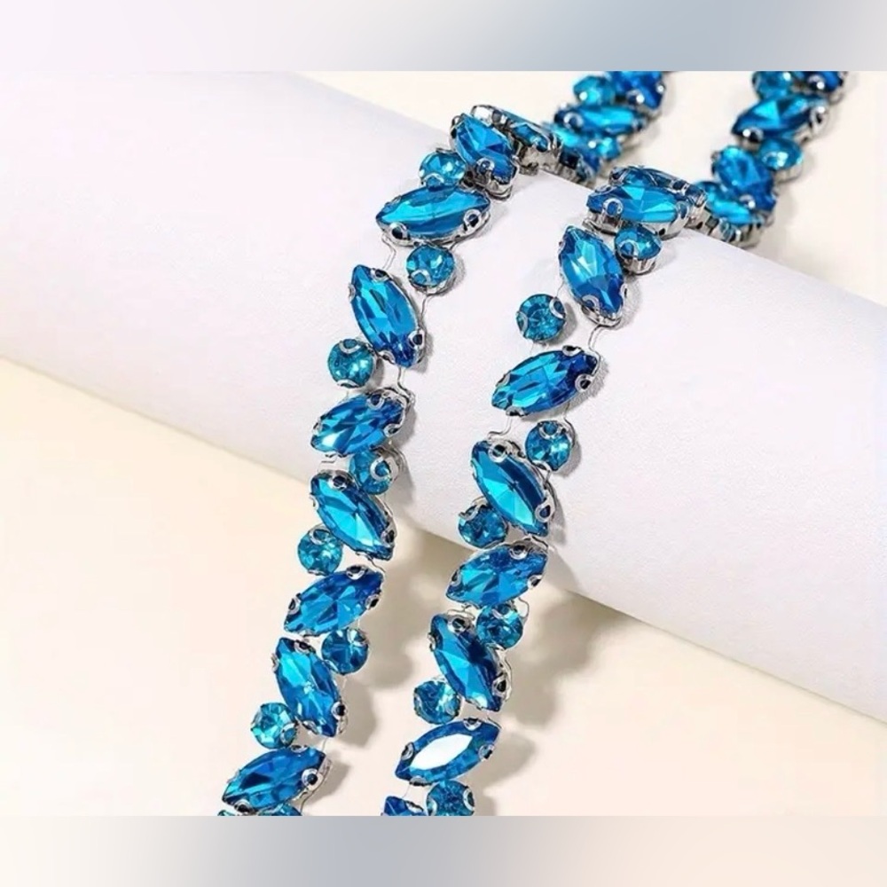 1 Yard Aqua Blue (Malachite) Rhinestone Iron-On Appliqué Trim, Clothes, Crafts